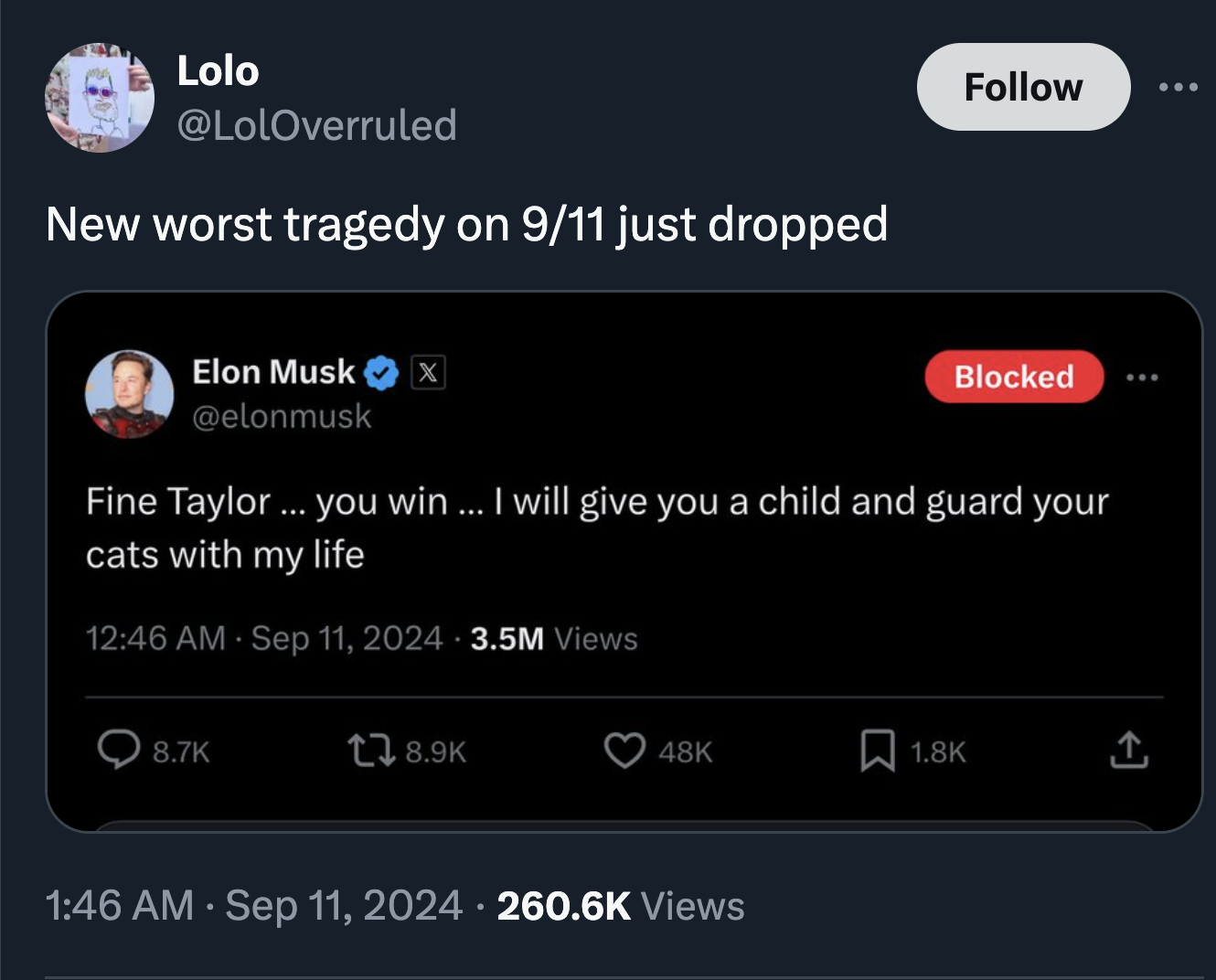 screenshot - Lolo New worst tragedy on 911 just dropped Elon Musk Blocked Fine Taylor ... you win... I will give you a child and guard your cats with my life 3.5M Views 0 48K Views